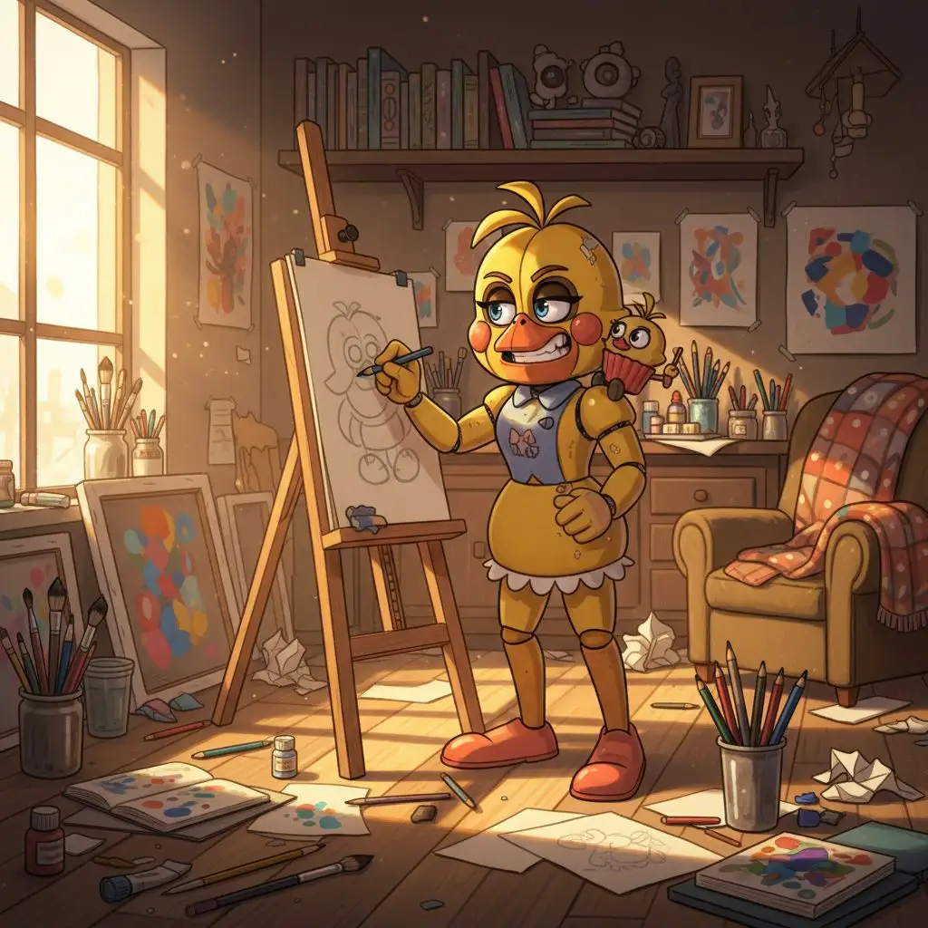 Determined Toy Chica sketching on an easel in a sunlit art studio, illustrative style.