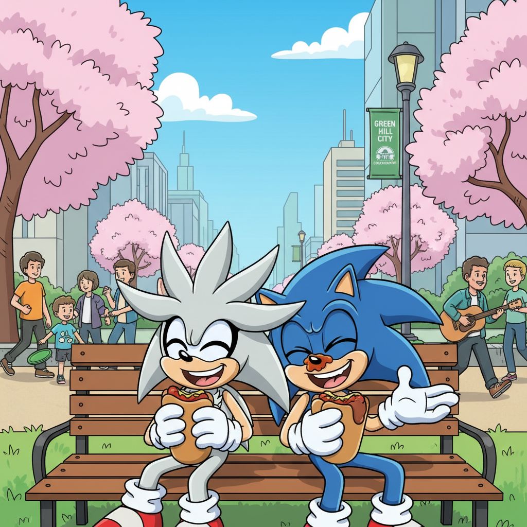 Silver the Hedgehog and Sonic the Hedgehog eating chili dogs in a park, cartoon style.