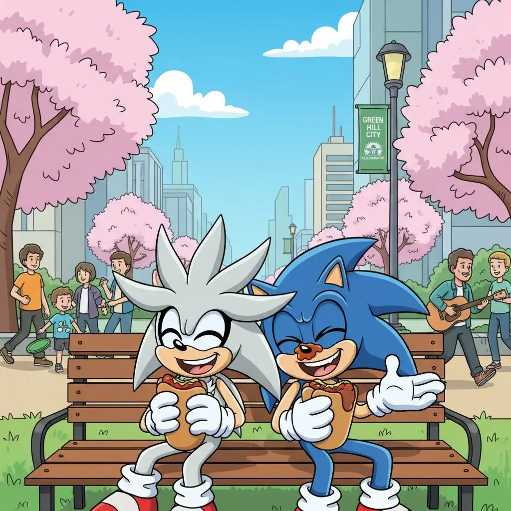 Silver the Hedgehog and Sonic the Hedgehog eating chili dogs in a park, cartoon style.