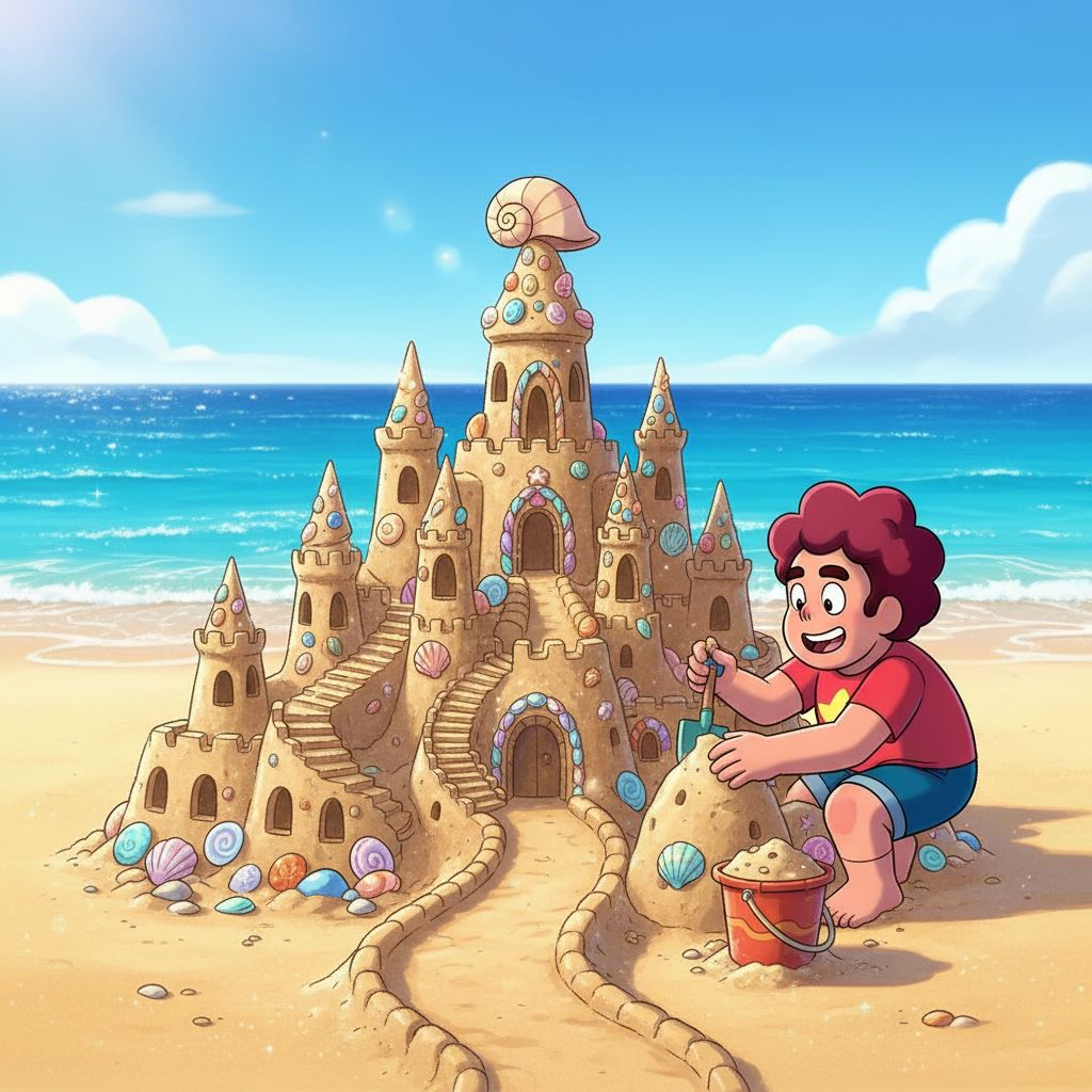 Steven Universe building a sandcastle on a sunny beach.
