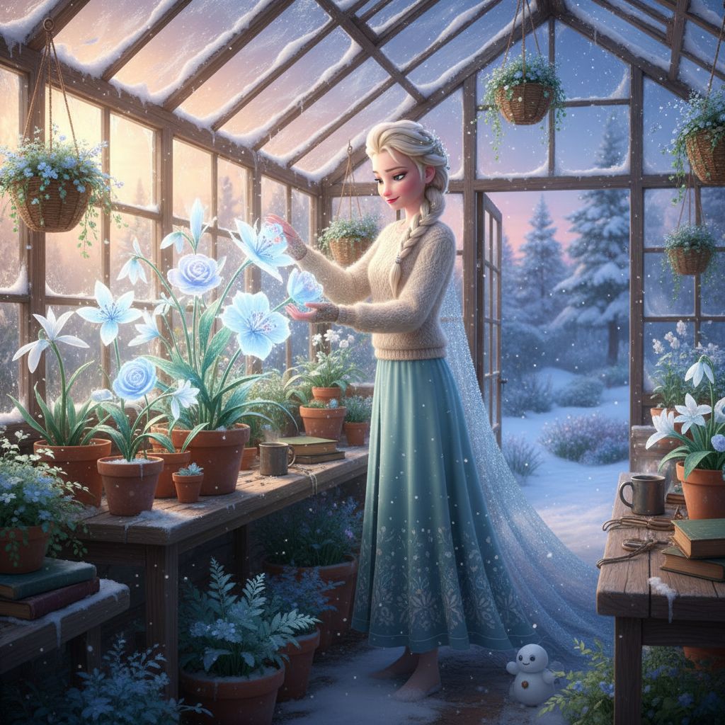 Cottagecore Elsa tending to glowing ice flowers in a snow-dusted greenhouse.