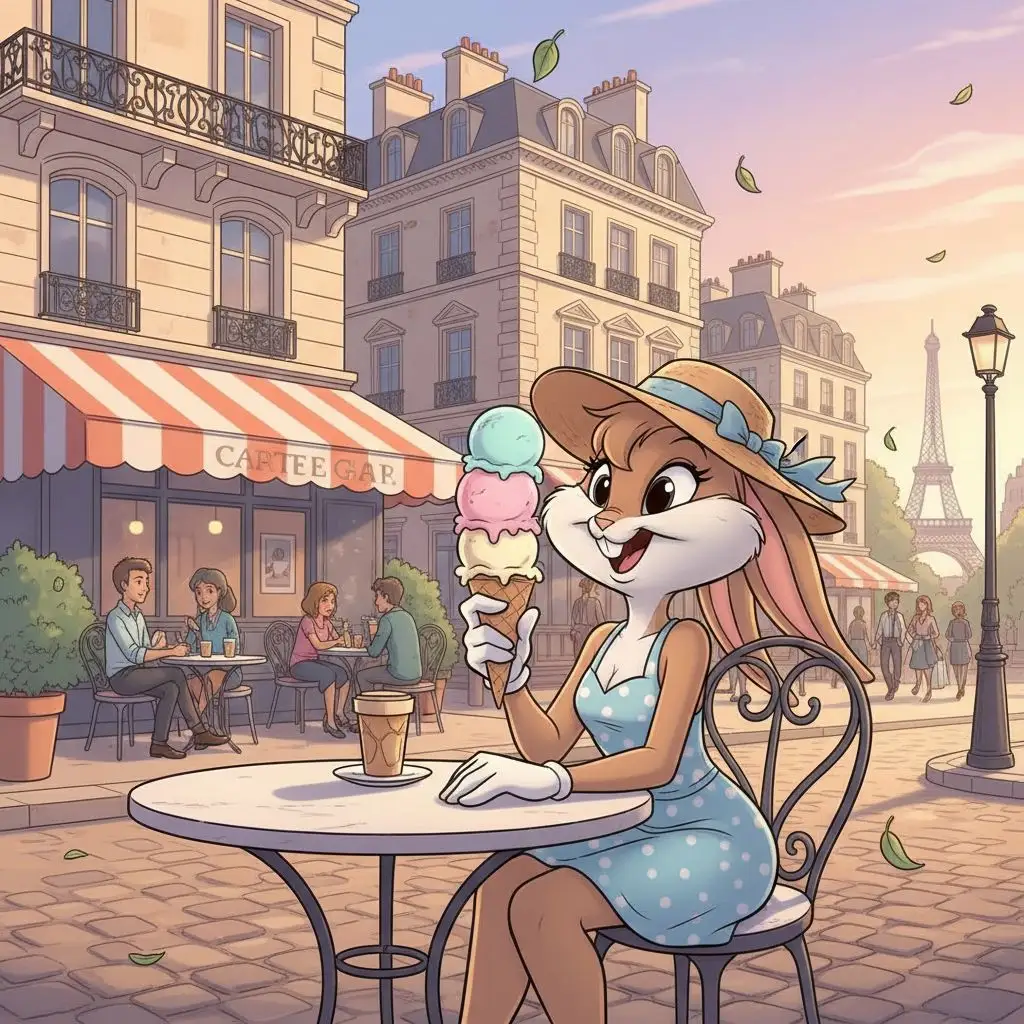 Lola Bunny enjoying ice cream at a charming Parisian-style cafe.