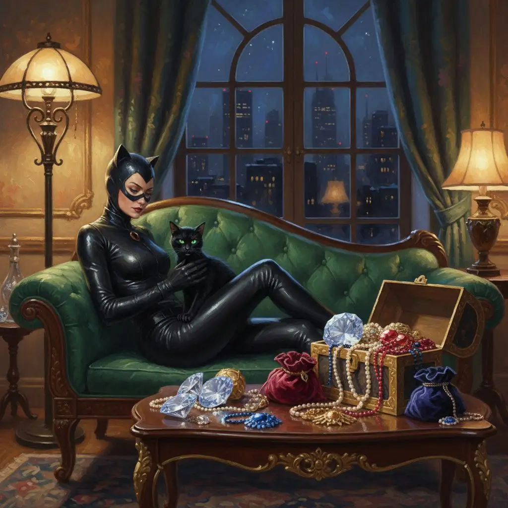 Catwoman in her penthouse with jewels and cat, painterly style