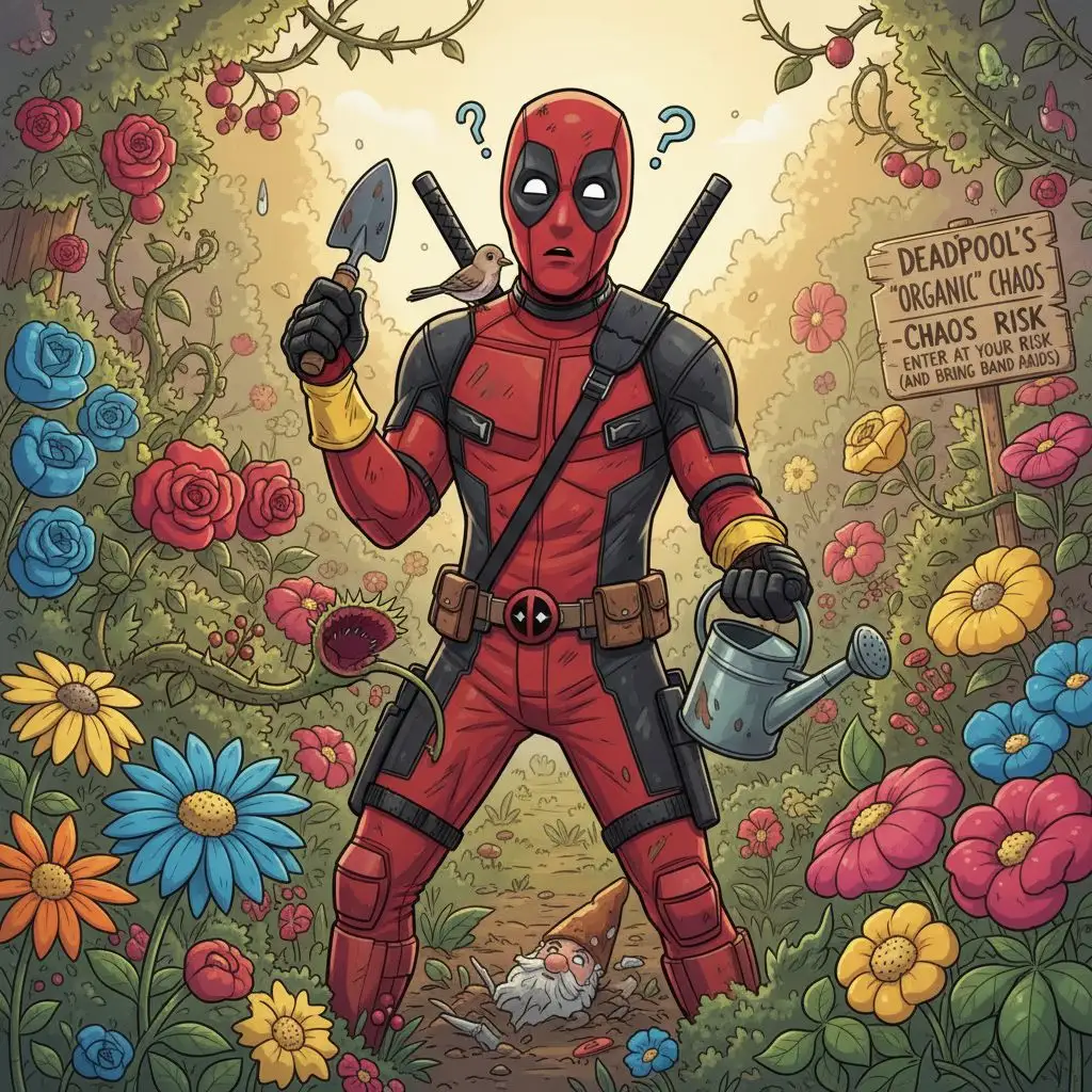 Deadpool comically trying to garden with a small trowel and watering can.
