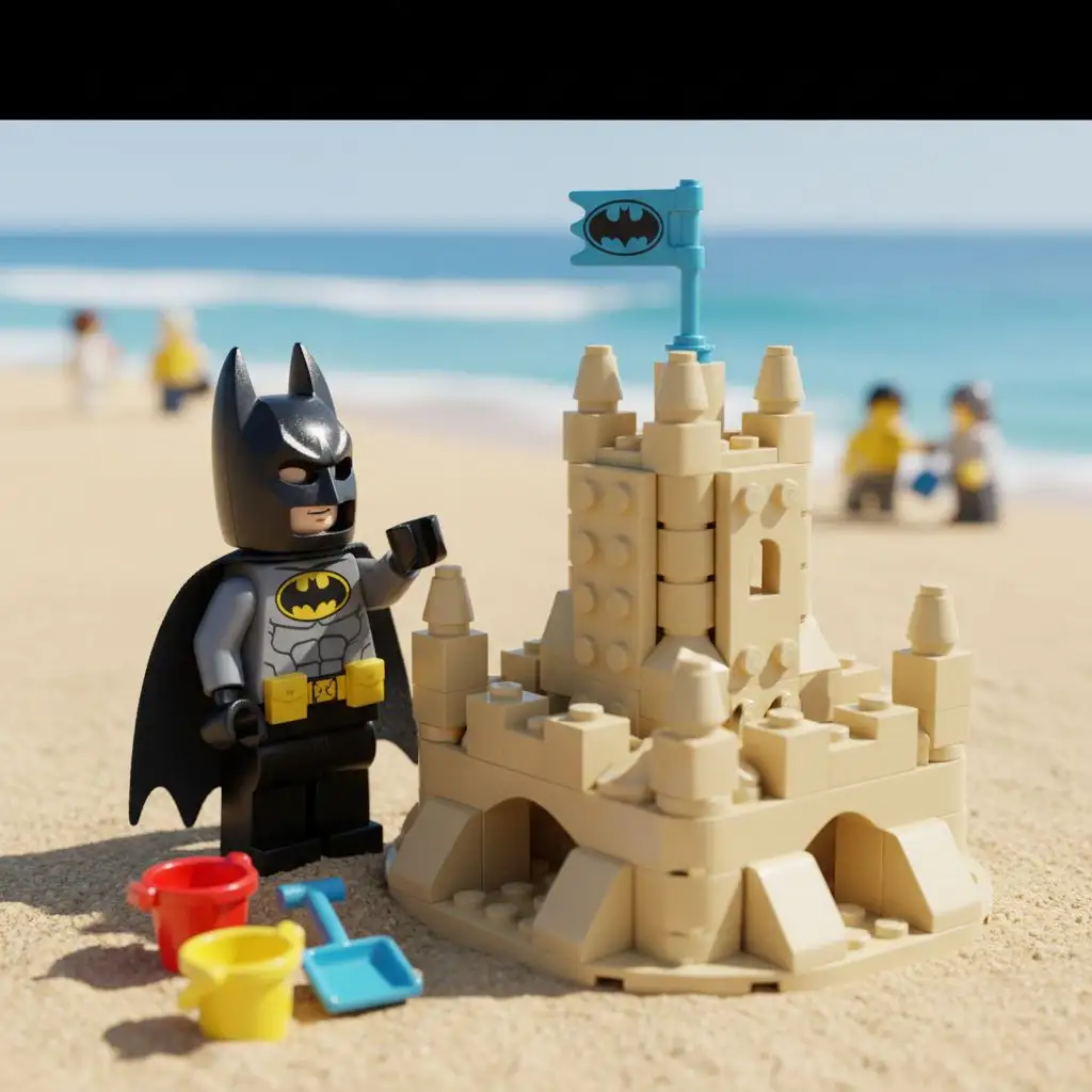 Lego Batman building a sandcastle on a sunny beach, cheerful Lego style.