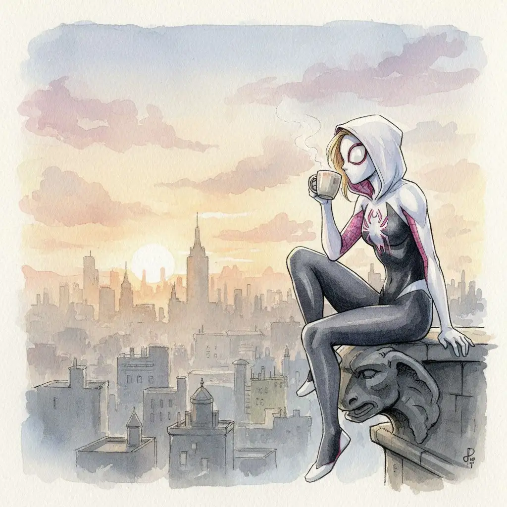 Gwen Stacy Spider Gwen drinking coffee on a rooftop at sunrise, watercolor style.