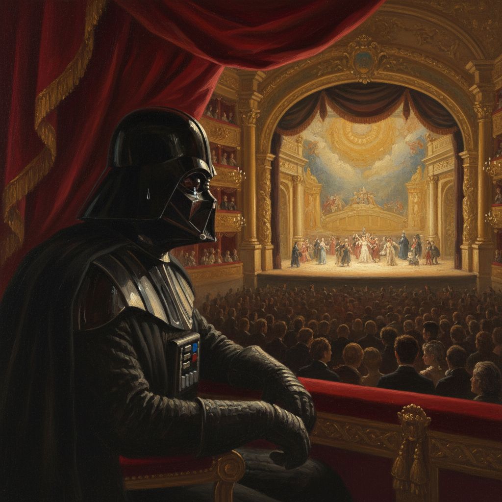 Darth Vader in an opera box, dramatic classical painting.