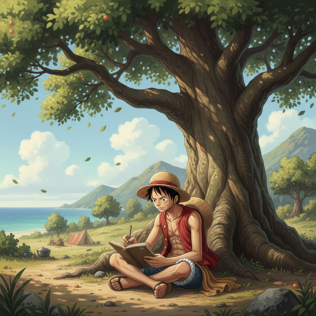 Monkey D. Luffy sketching under an ancient tree on a peaceful island.