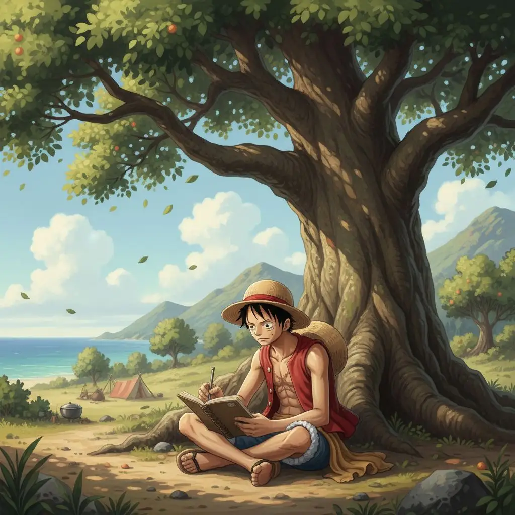 Monkey D. Luffy sketching under an ancient tree on a peaceful island.