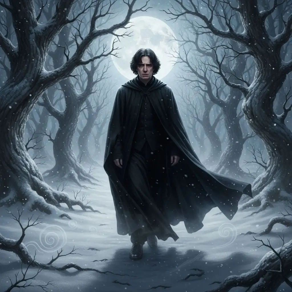 Severus Snape walking through a snowy Forbidden Forest.