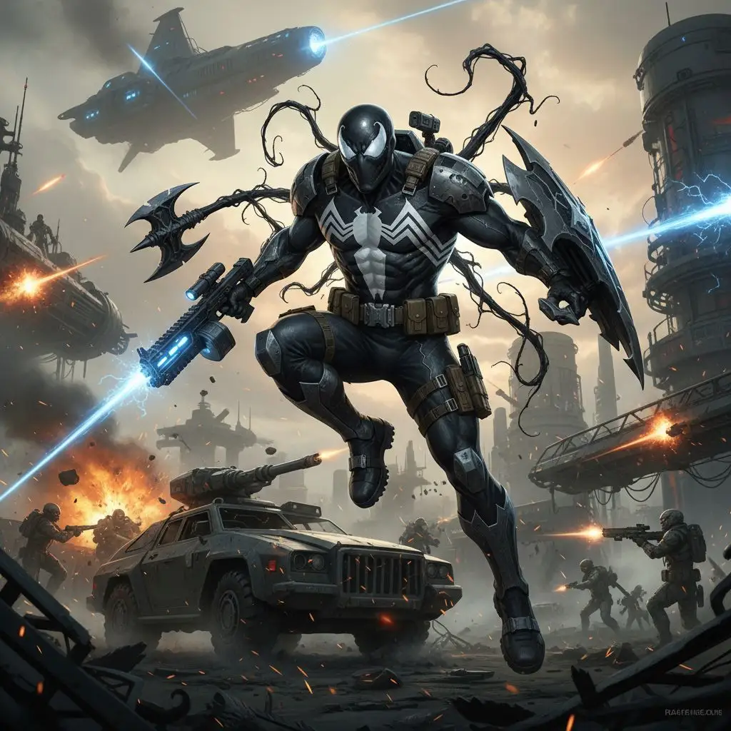 Agent Venom fan art in tactical gear, sci-fi battle.