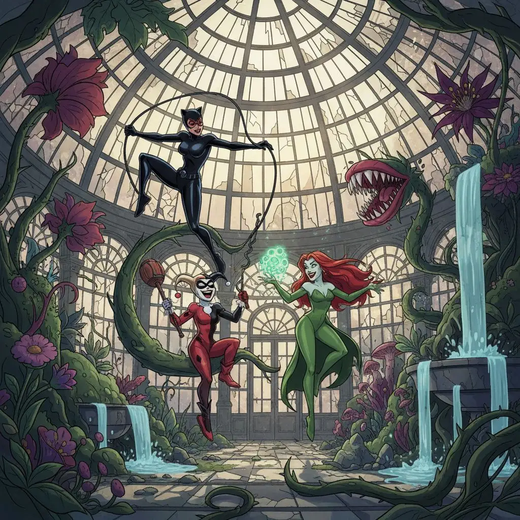 Catwoman with Harley Quinn and Poison Ivy in animated series style