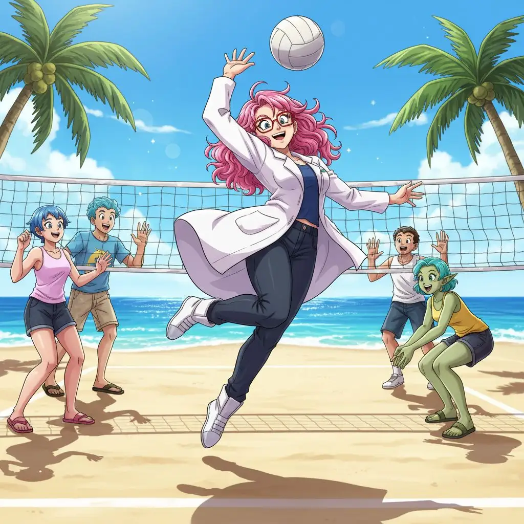 Android 21 playing beach volleyball, dynamic action