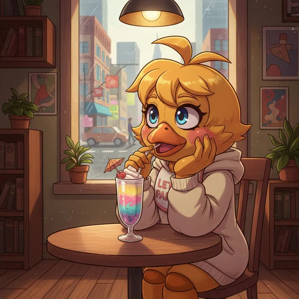 Thoughtful Toy Chica sitting in a cozy café by a window, lo-fi anime art style.