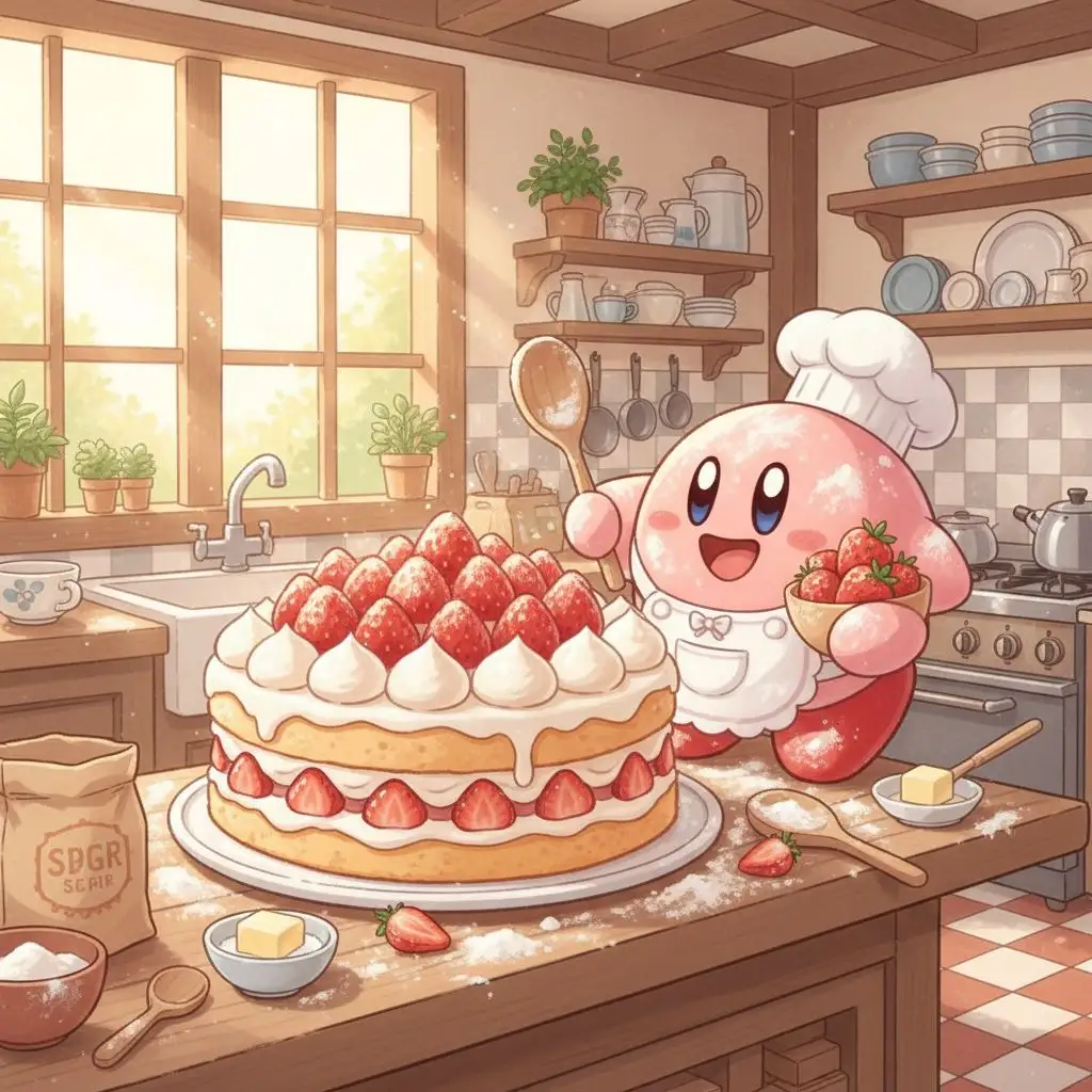 Adorable Kirby baking a cake in a cozy kitchen, sweet illustrative fan art.