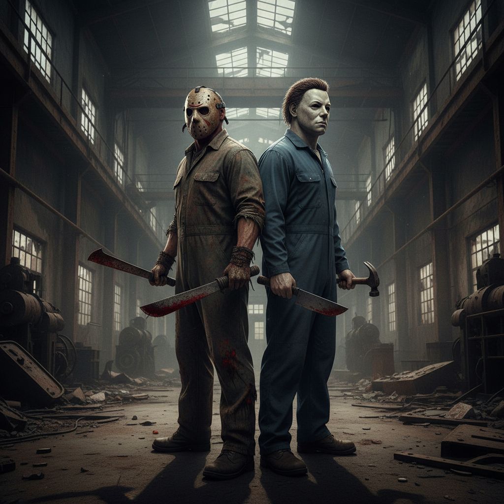 Michael Myers and Jason Voorhees fan art, crossover in a factory