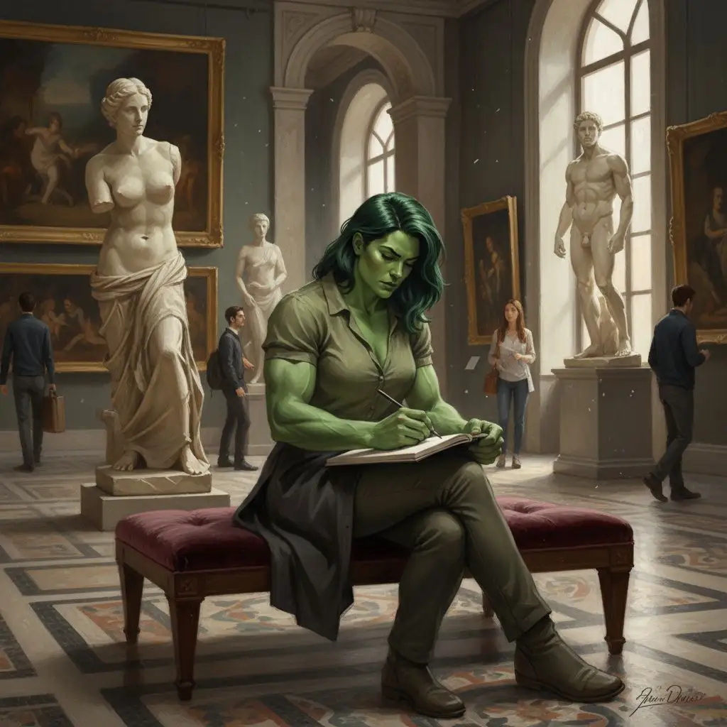 She Hulk sketching in an art gallery, showcasing her artistic interest.