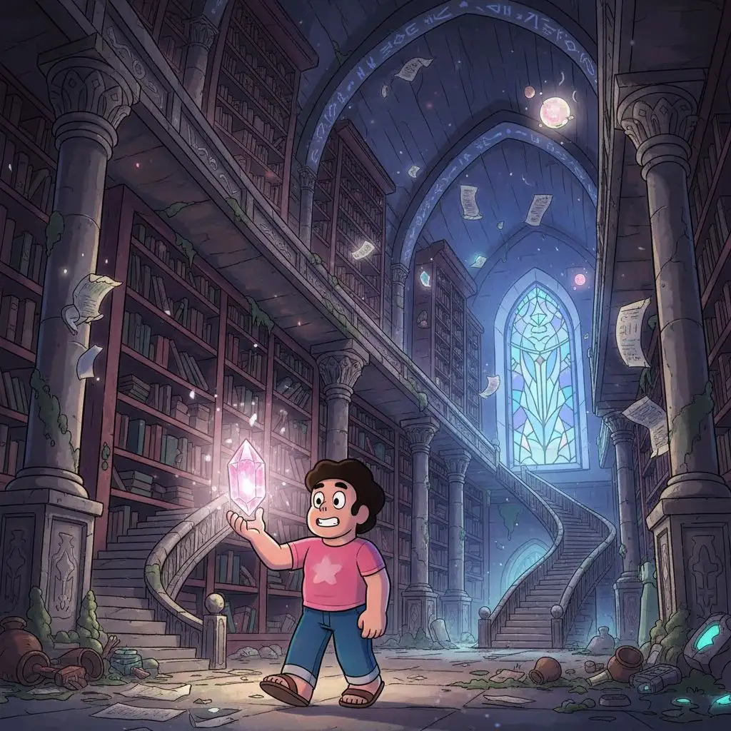 Steven Universe exploring an ancient library with a glowing crystal.