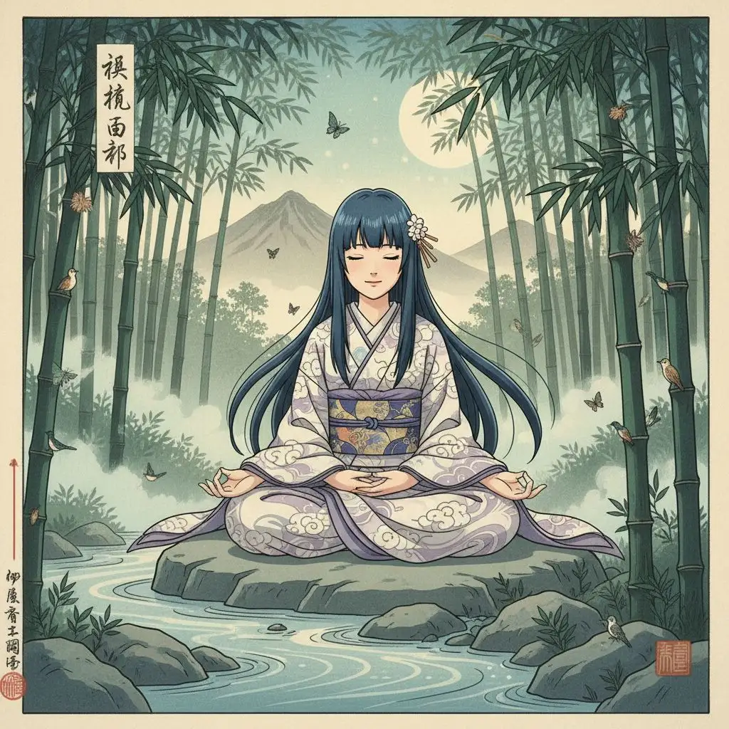 Hinata Hyuga meditating in a bamboo forest, serene, traditional art style.