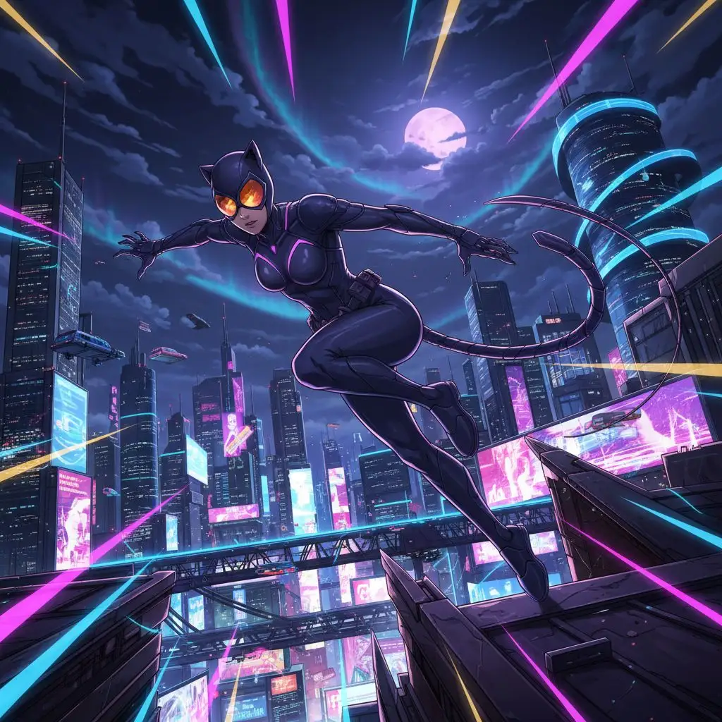 Anime Catwoman leaping across cyberpunk rooftops, dynamic action