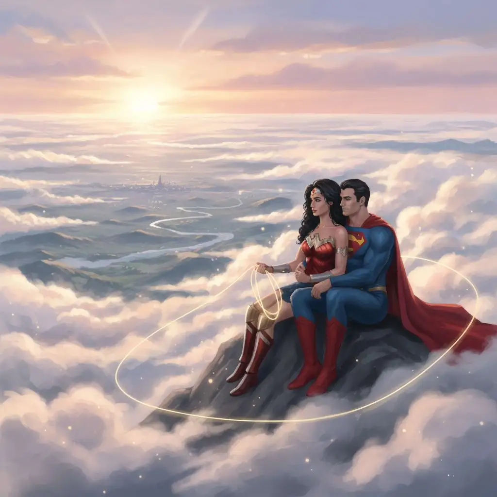 Wonder Woman and Superman on a cloud-draped mountain peak.