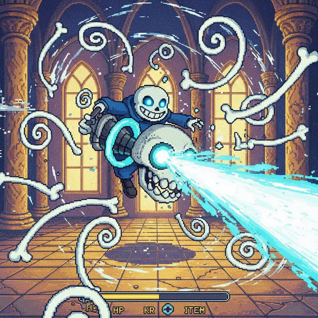 Sans boss performing a Gaster Blaster attack in Judgement Hall.