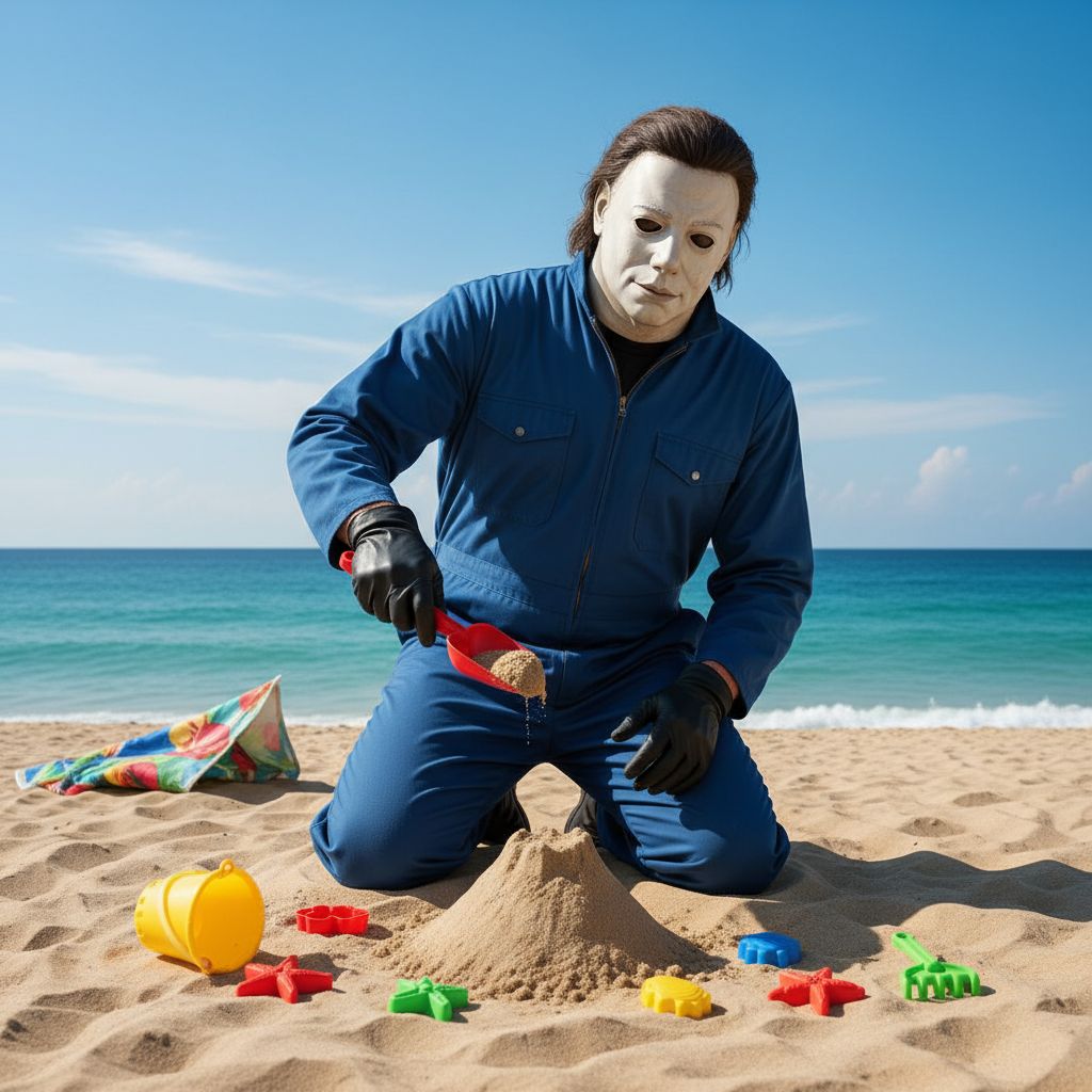 Michael Myers building a sandcastle on a beach, surreal and humorous.