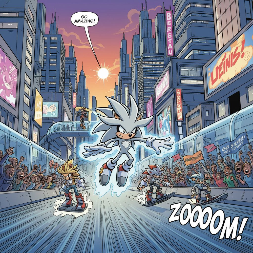 Silver the Hedgehog racing in a futuristic city, comic book style.