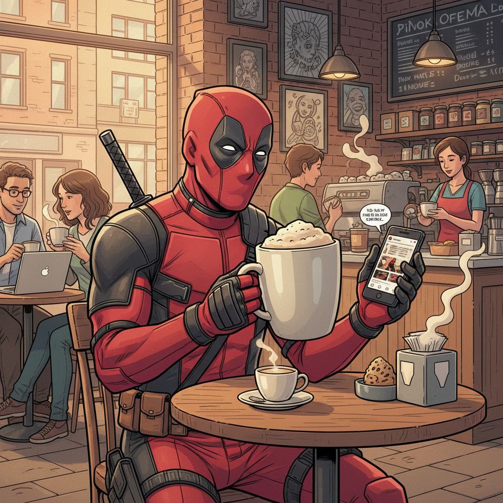 Deadpool enjoying a large latte at a coffee shop, scrolling on his phone.