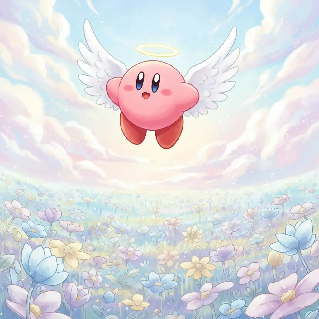 Angel Kirby fan art floating in a field of flowers, ethereal anime style.