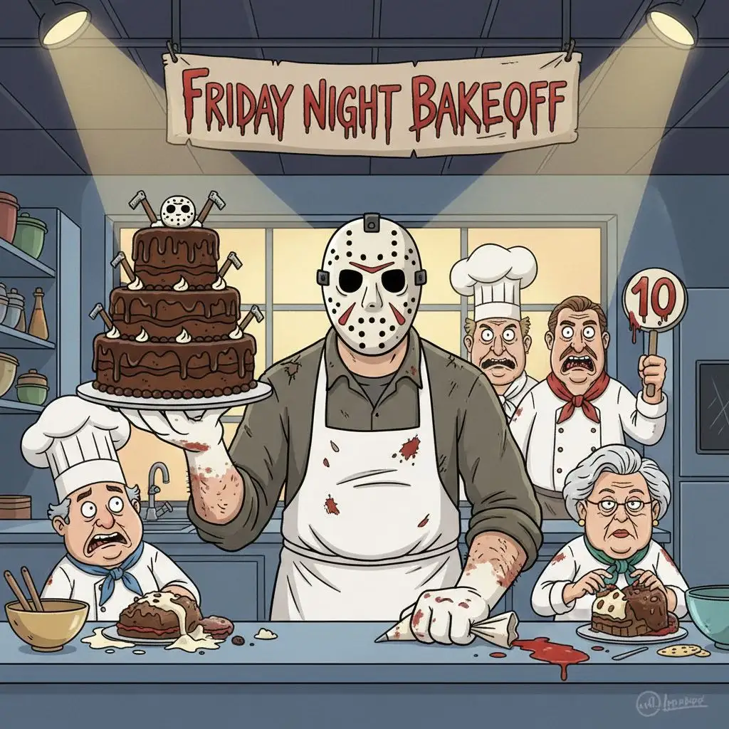 Humorous Jason Voorhees fan art baking a cake