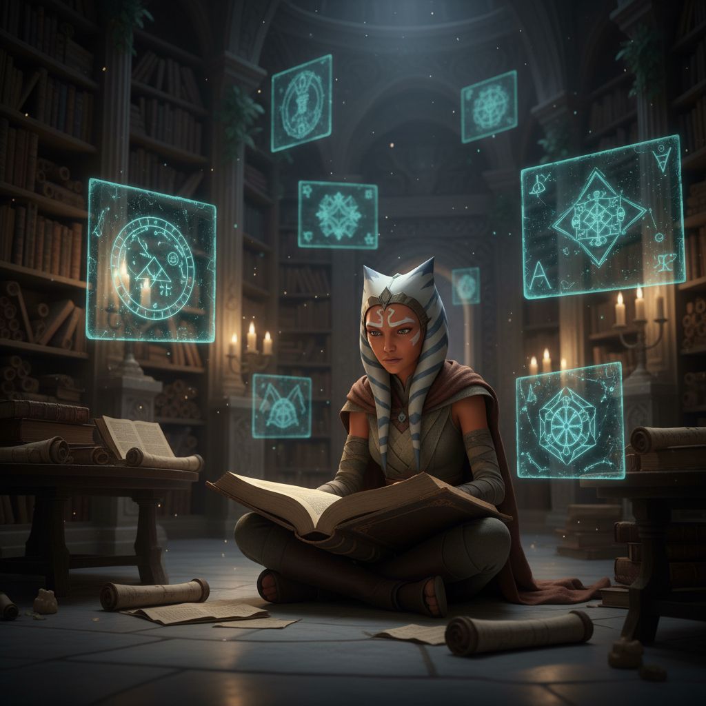 Ahsoka Tano reading in a grand library