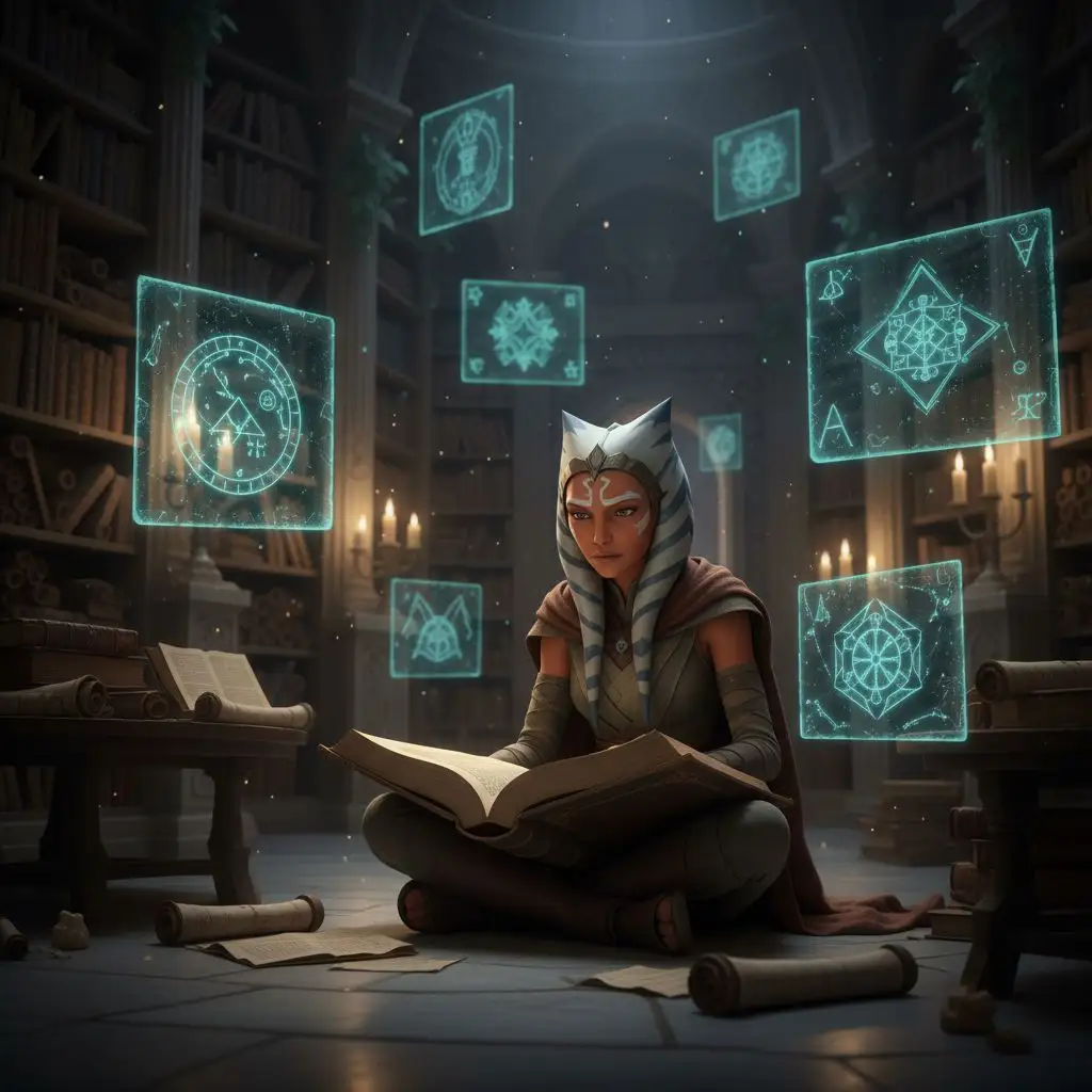 Ahsoka Tano reading in a grand futuristic library