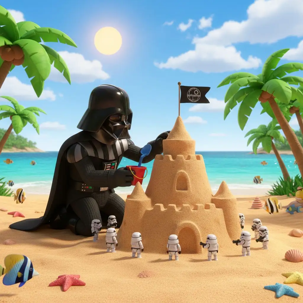 Humorous Darth Vader building a sandcastle on a beach with Porgs.