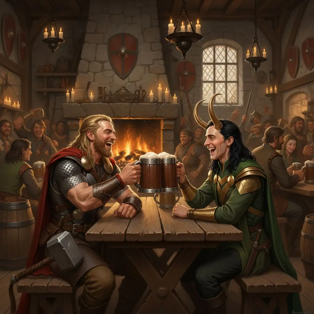 Thor and Loki laughing in a medieval tavern, classic fantasy painting.