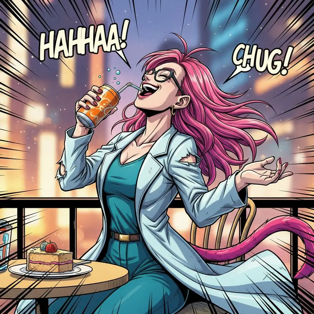 Android 21 enjoying a soda at a cafe, vibrant comic style