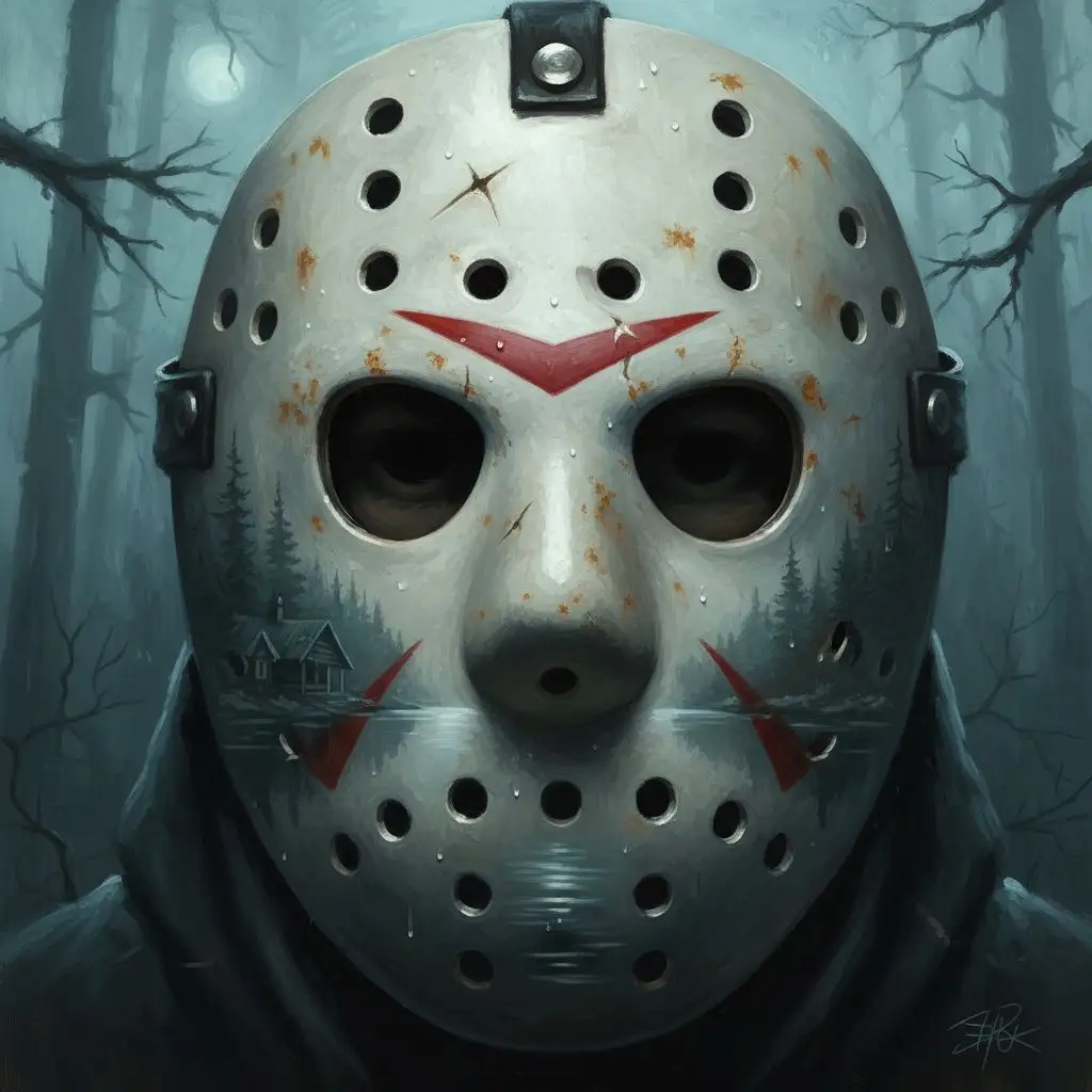 Jason Voorhees hockey mask fan art reflecting Crystal Lake