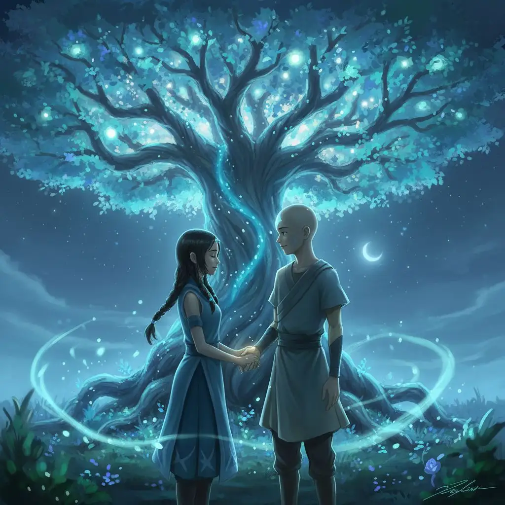 Katara and Aang sharing a romantic moment under a spirit tree, peaceful digital painting.