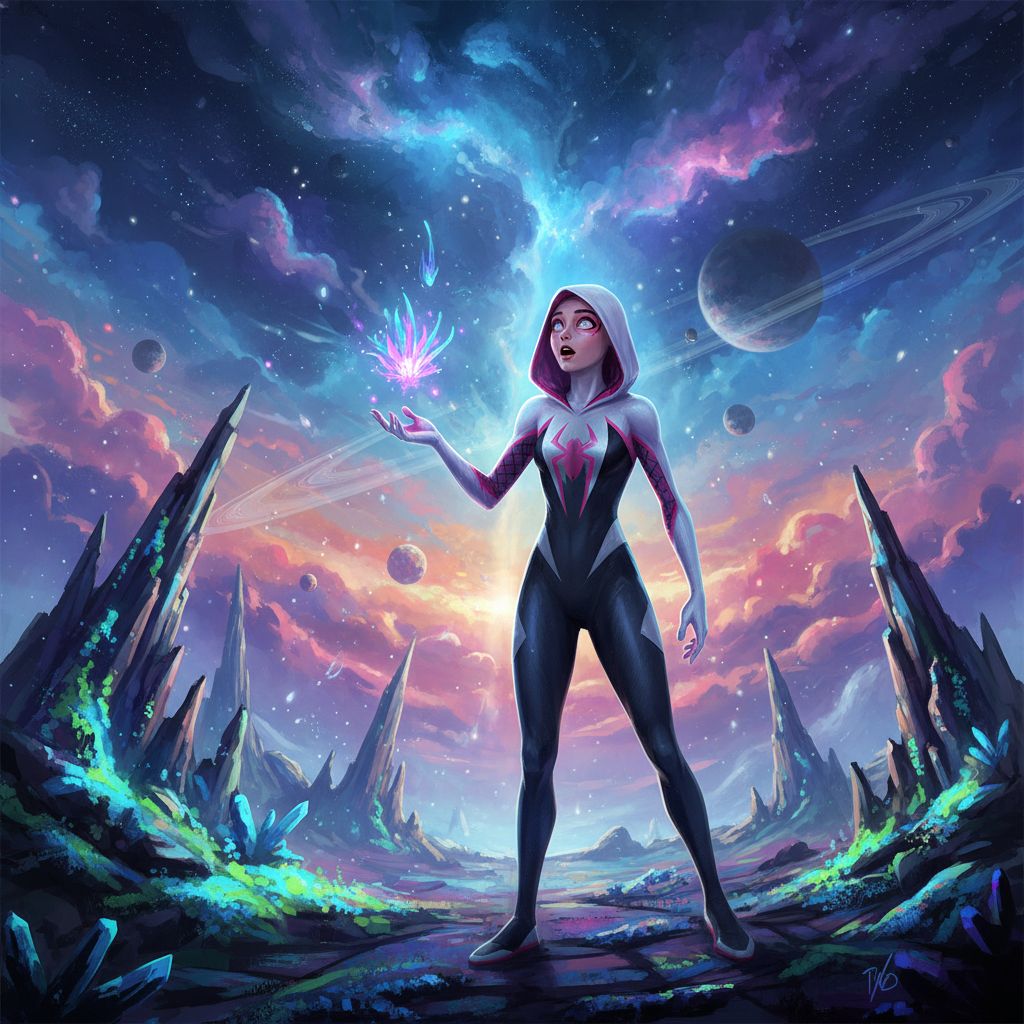 Gwen Stacy Spider-Verse exploring an alien planet, cosmic sci-fi concept art.