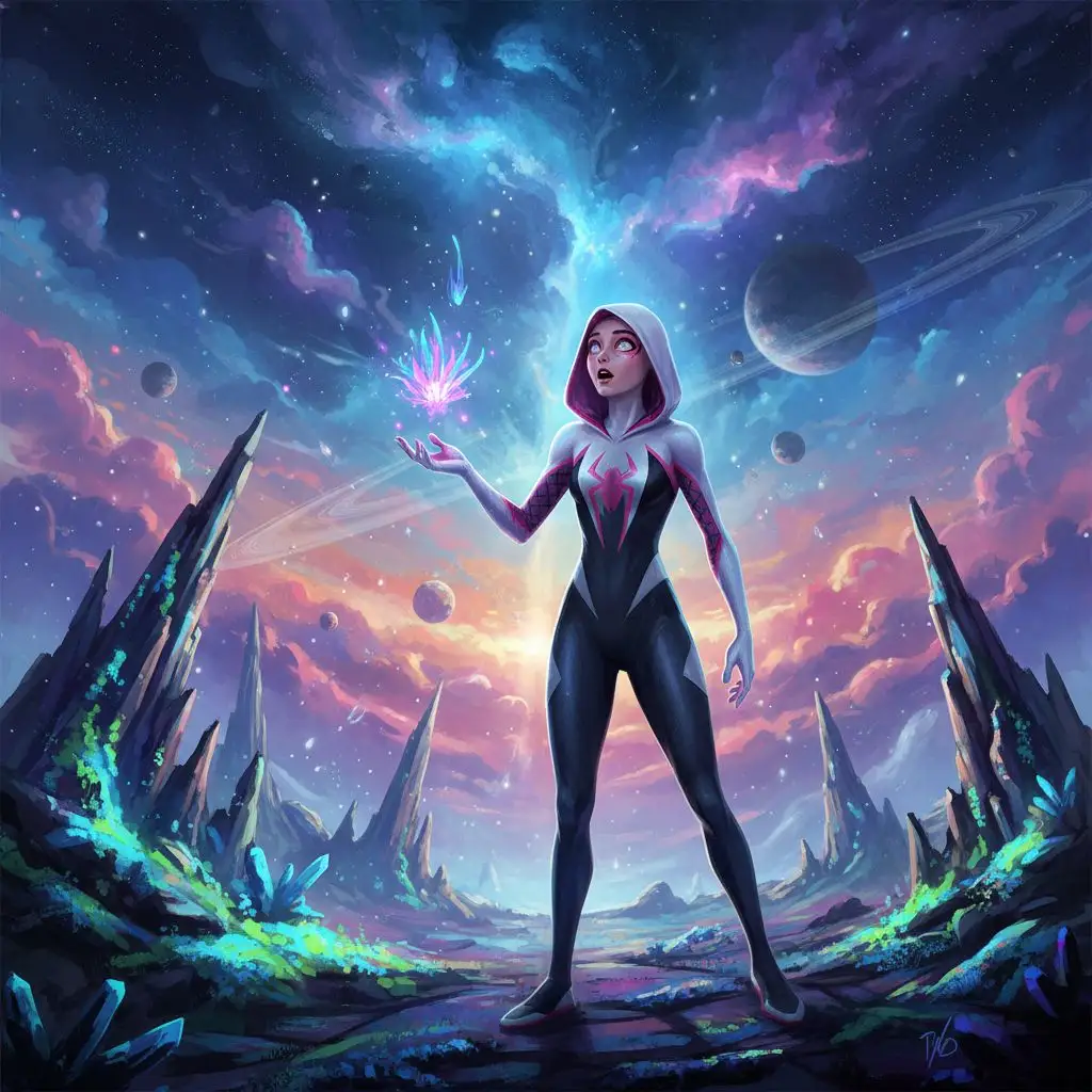 Gwen Stacy Spider-Verse exploring an alien planet, cosmic sci-fi concept art.