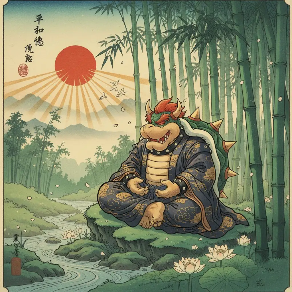 Bowser meditating peacefully in a bamboo forest, Bowser fan art.