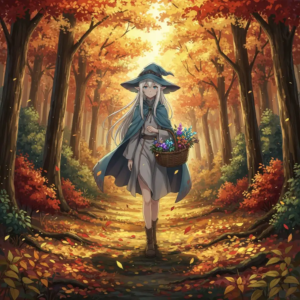 Frieren Fan Art: Frieren walking through an autumn forest, vibrant AI-generated scene.