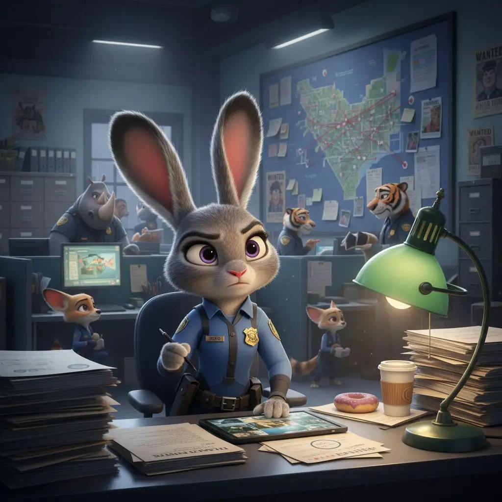 Judy Hopps diligently working at her ZPD desk.