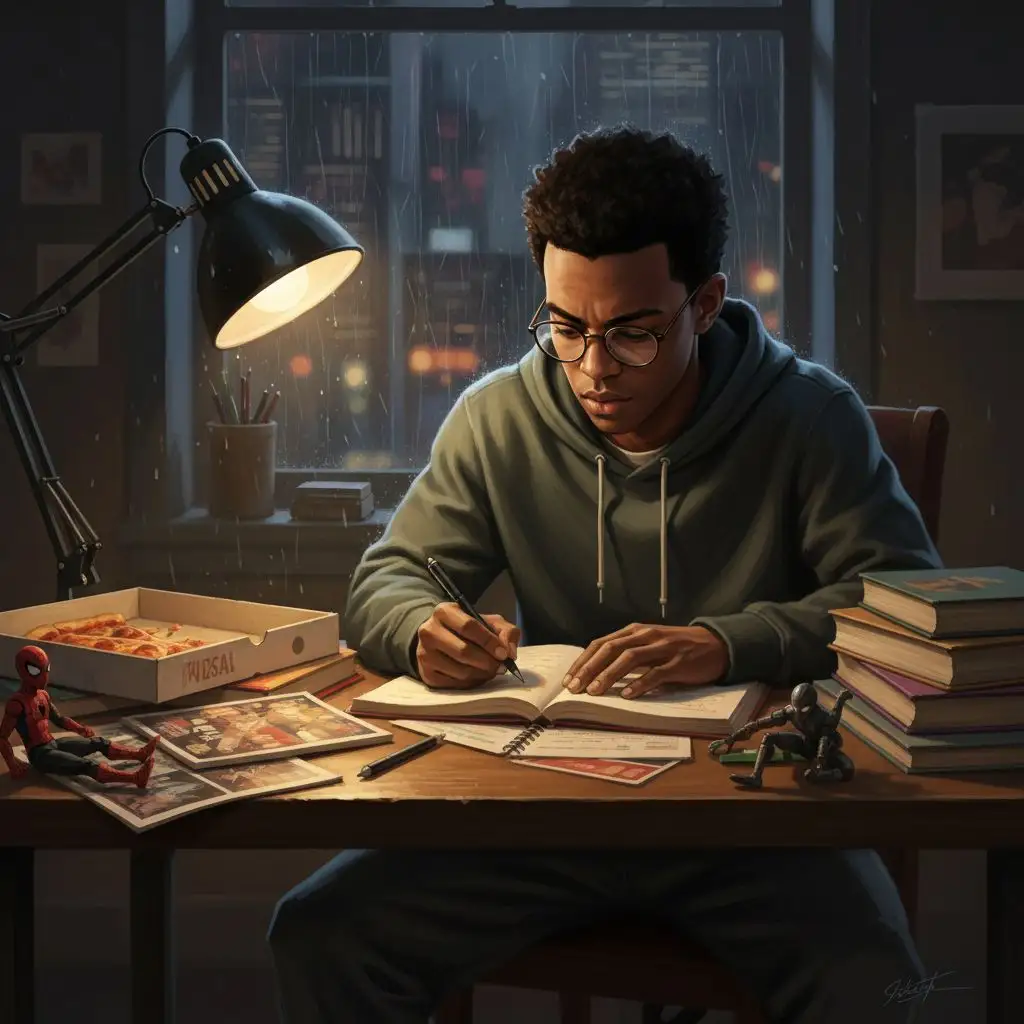 Miles Morales studying at night, desk lamp, realistic digital painting