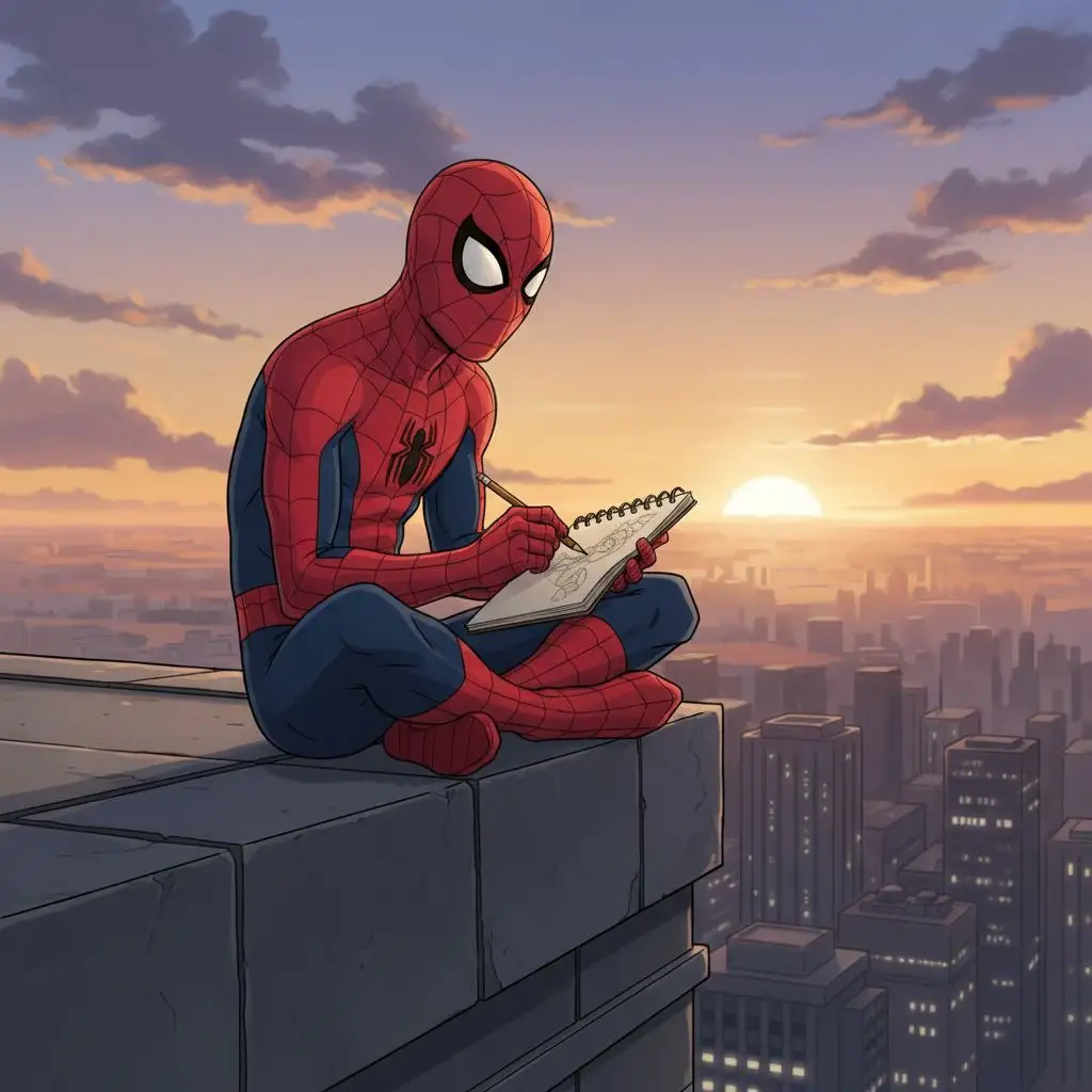 Spiderman sketching on a skyscraper ledge at sunset, anime style