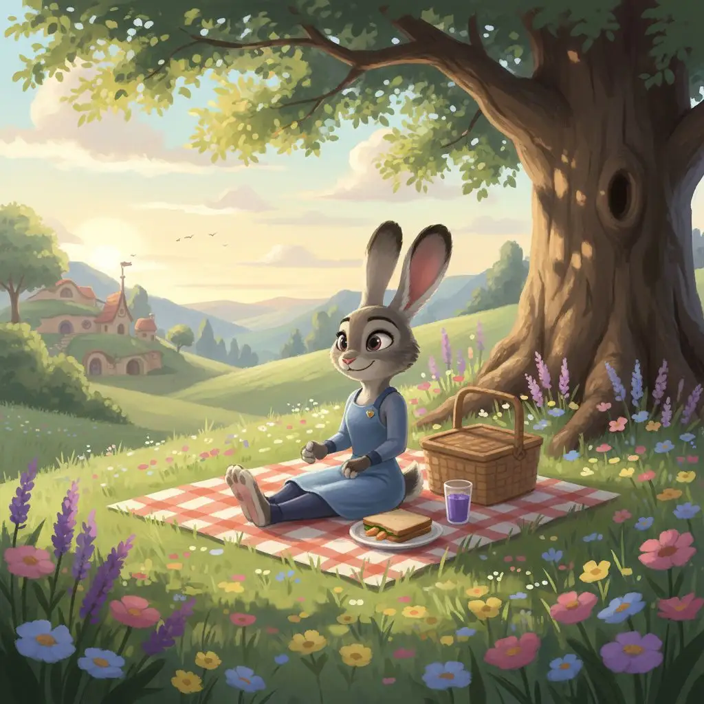 Judy Hopps having a peaceful picnic in a meadow near Bunnyburrow.