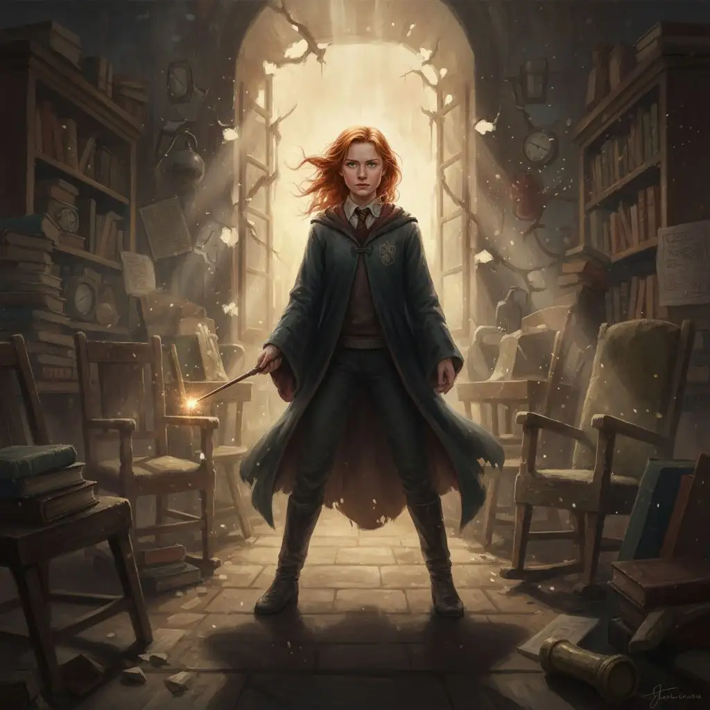 Ginny Weasley in the Room of Requirement, ready for a duel, fan art.