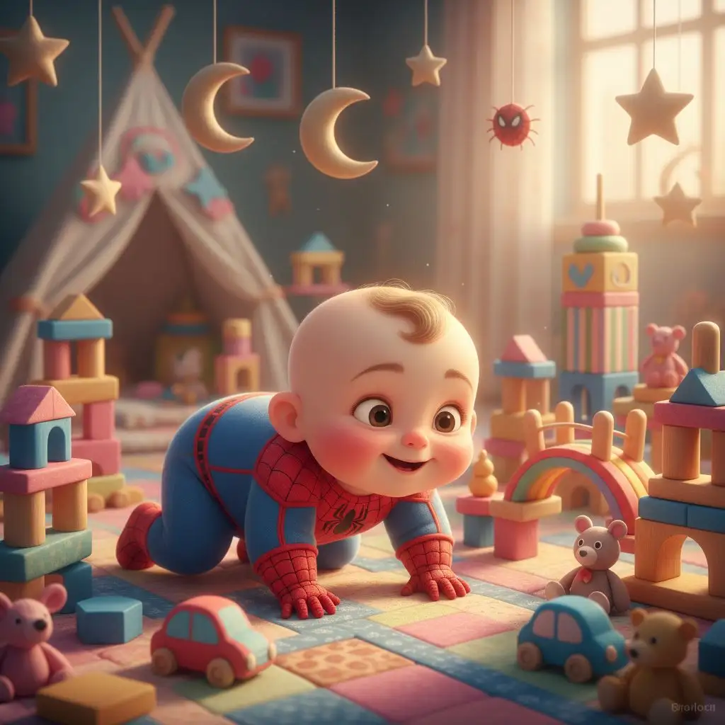 Baby Spiderman playing in an oversized toy city, cute cartoon style