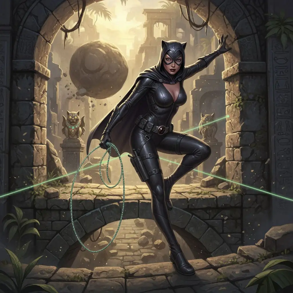 Catwoman as an ancient ruins treasure hunter, fantasy illustration