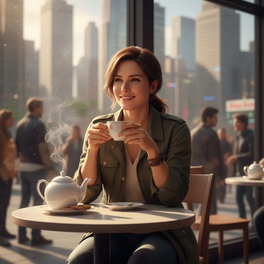 Lara Croft enjoying tea at a modern city cafe, AI generated fan art.